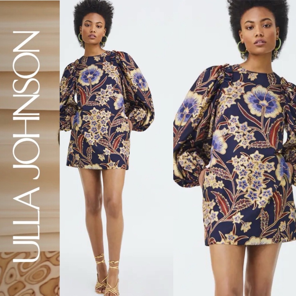 Ulla Johnson Floral Mini Dress - Navy and Gold